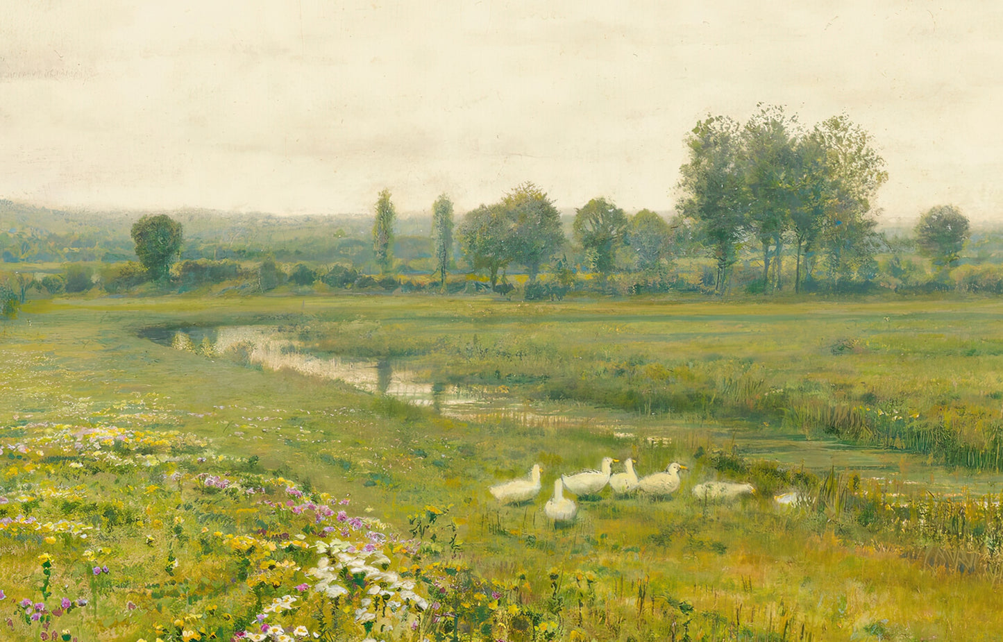 Meadow Landscape with Geese by a Stream