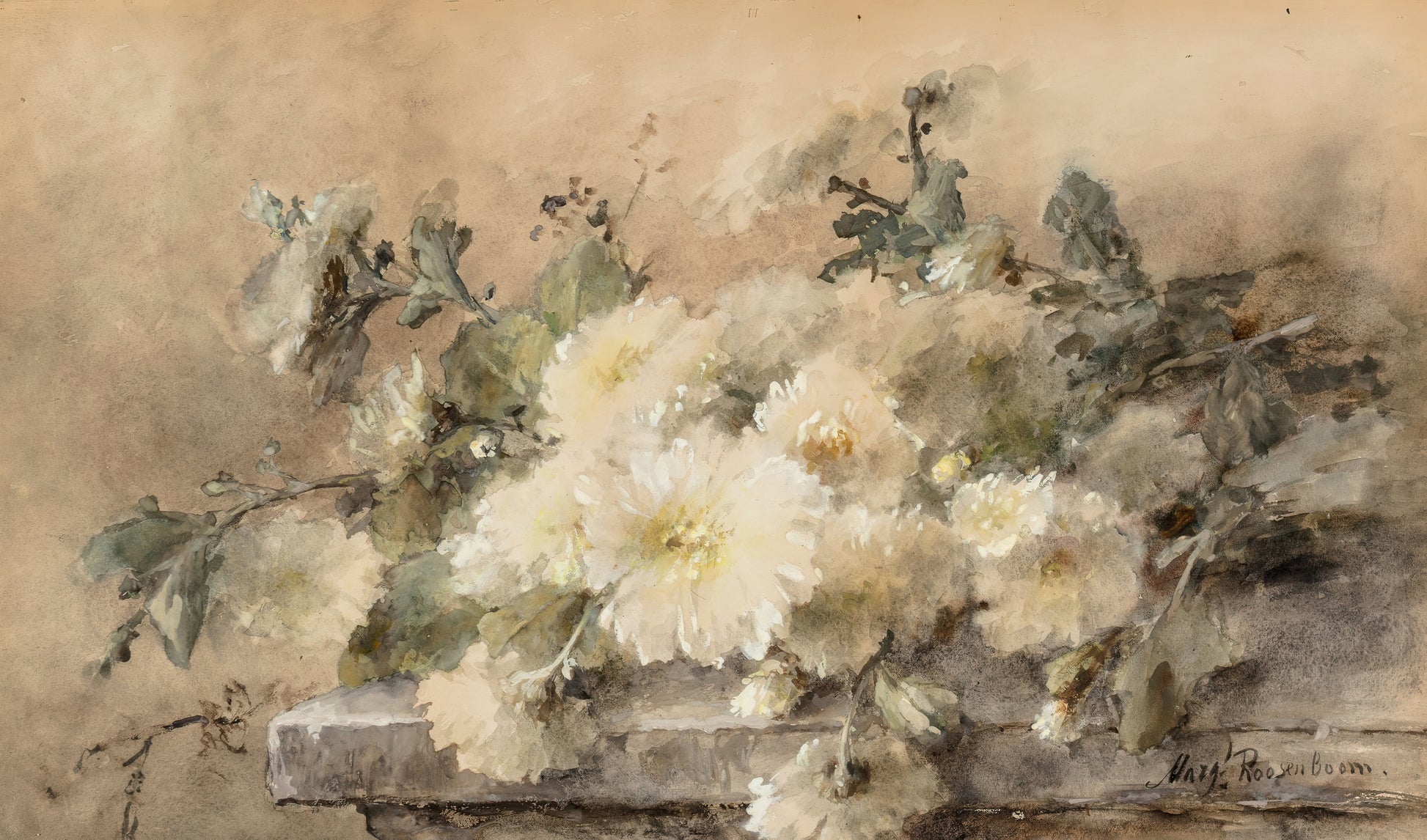 A Spray of White Chrysanthemums on a Stone Ledge
