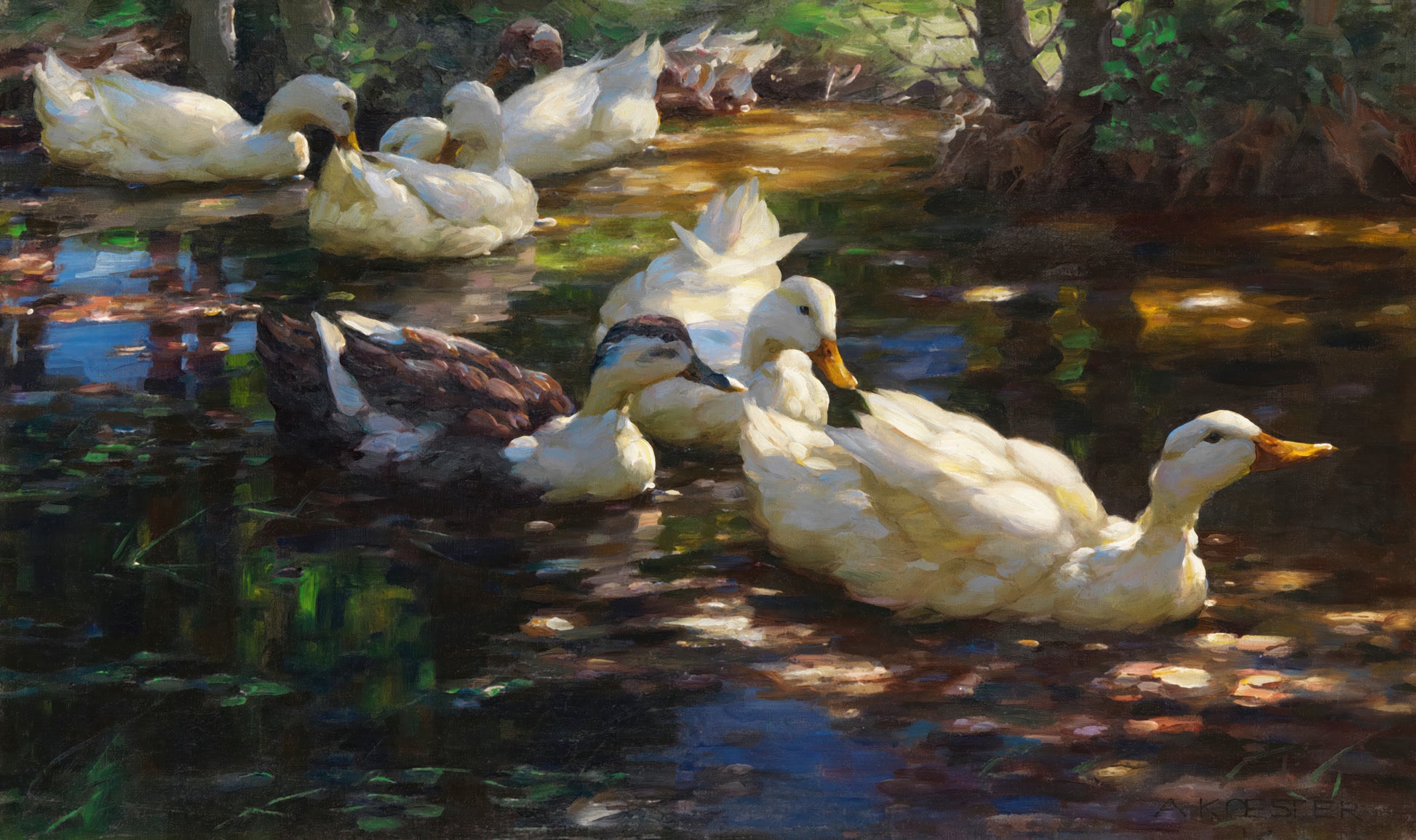 Seven Ducks in a Shady Pond