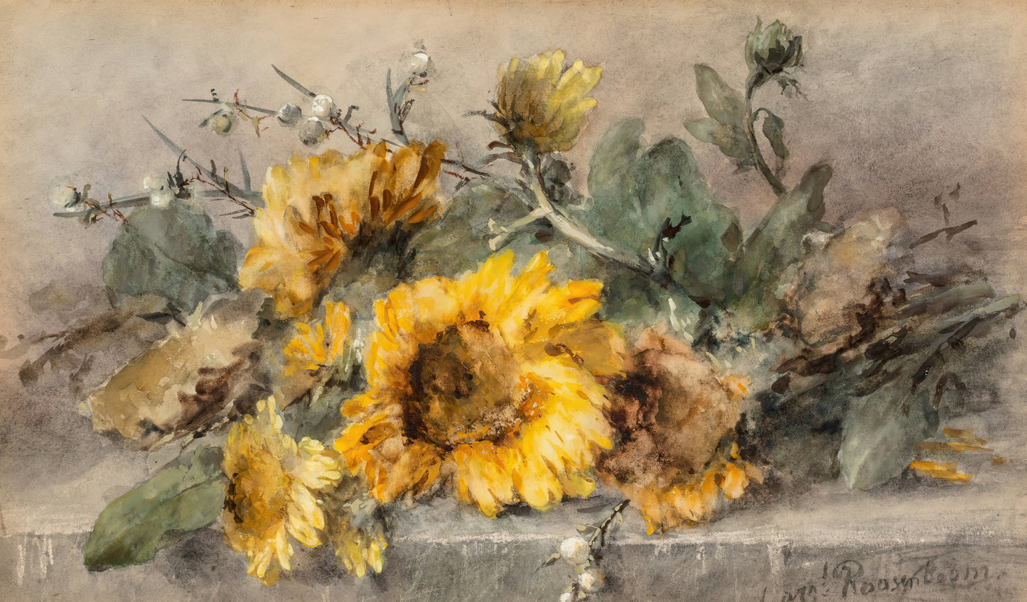 Spray of Sunflowers on a Stone Ledge