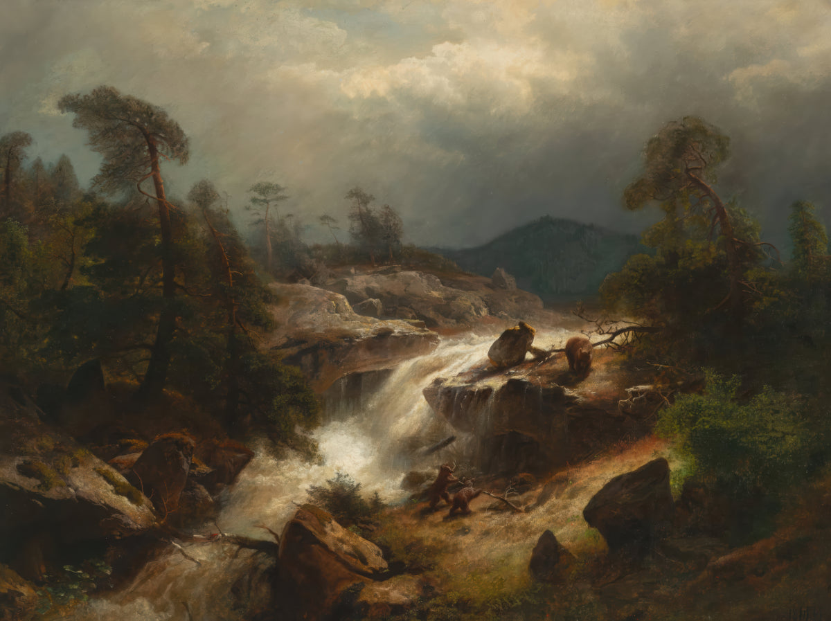 Two Cubs and Their Mother by a Waterfall