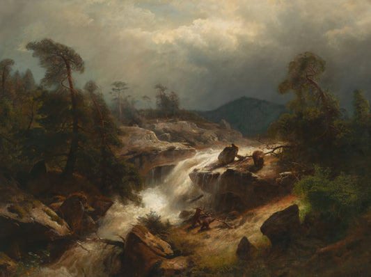 Two Cubs and Their Mother by a Waterfall