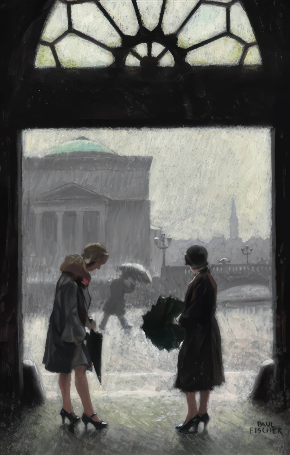 View from Ved Stranden in Copenhagen with Two Women Sheltering from the Rain
