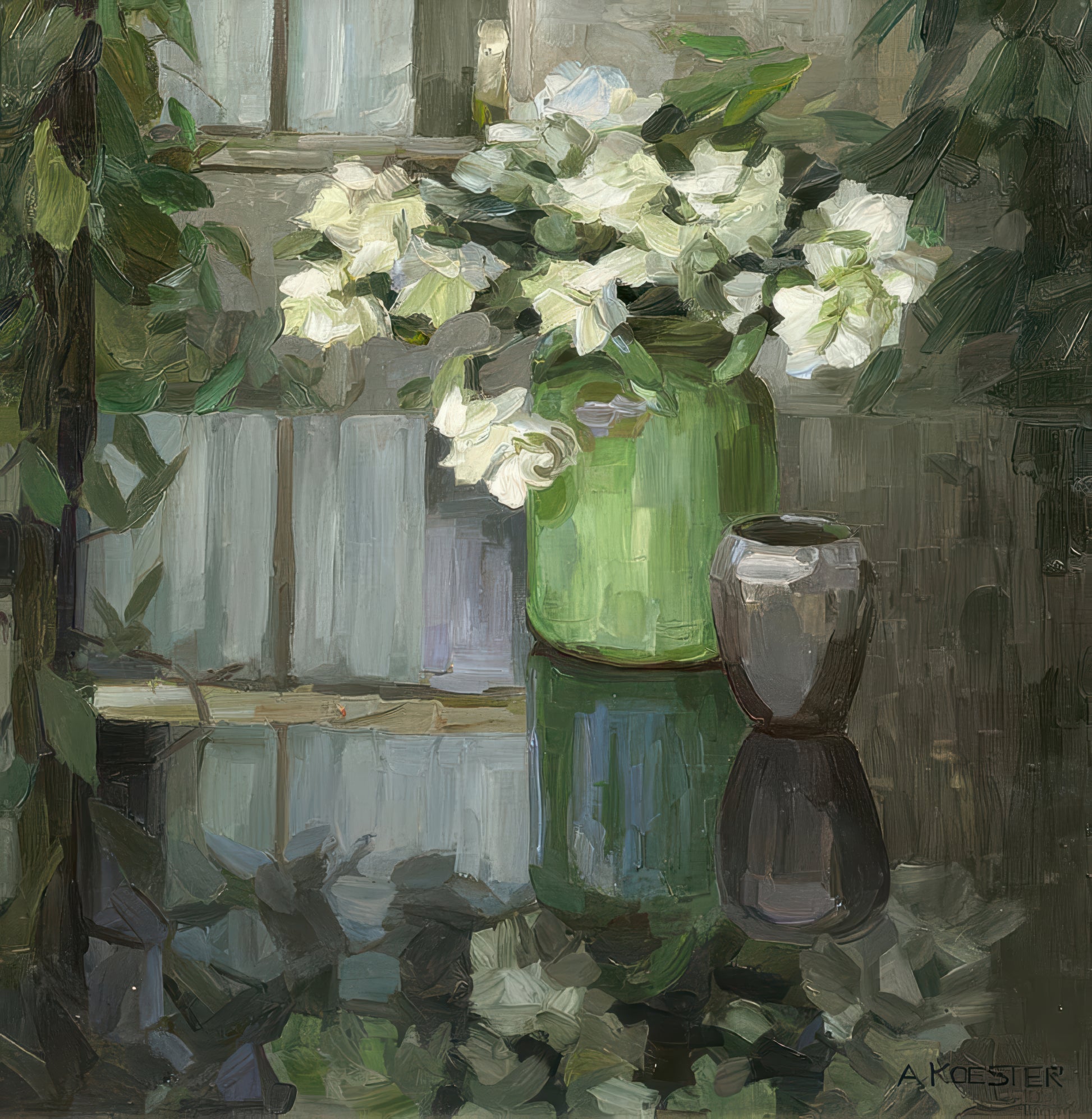 White Carnations in a Green Vase
