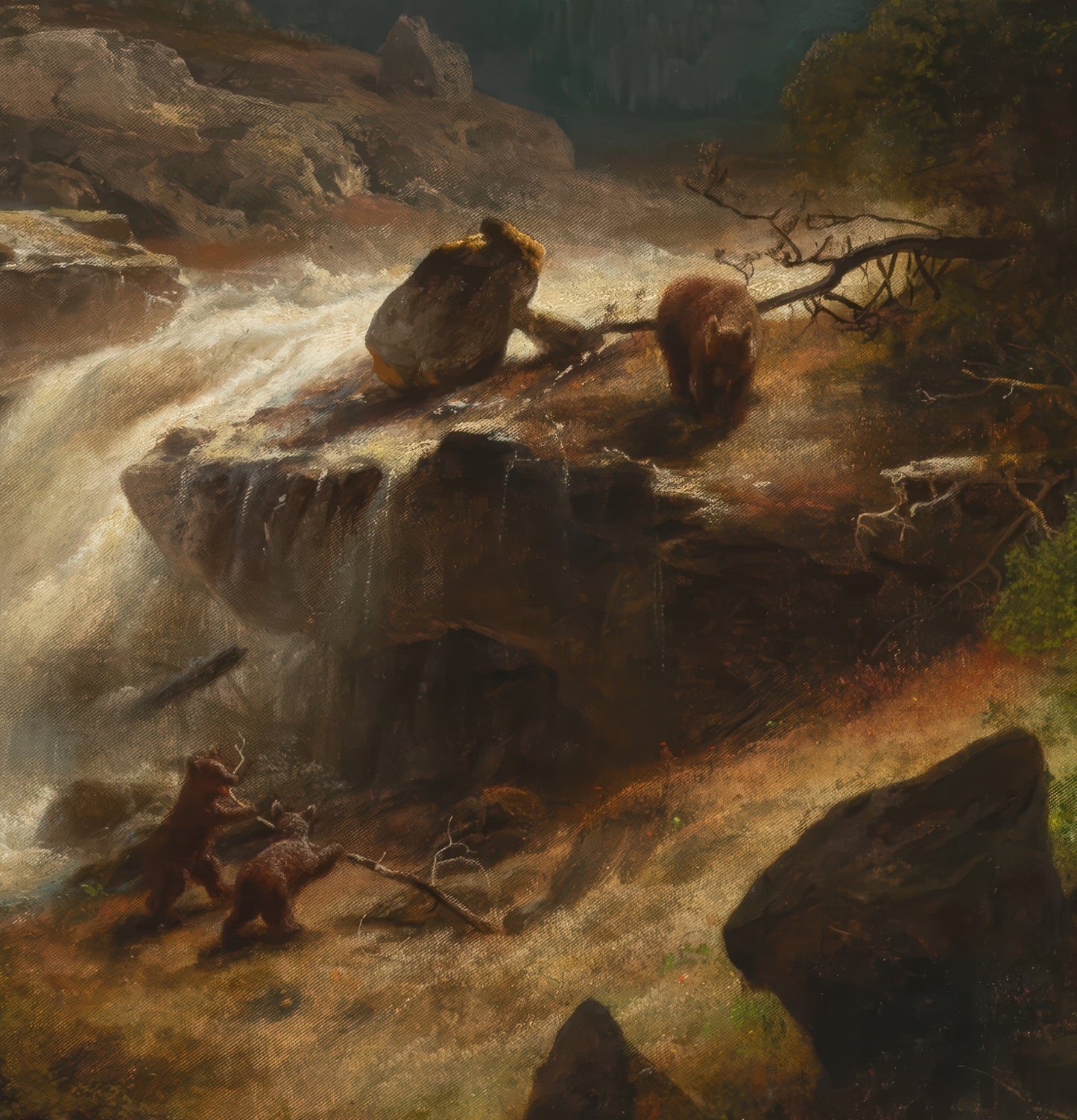 Two Cubs and Their Mother by a Waterfall