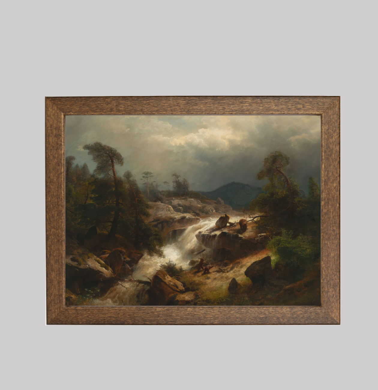 Two Cubs and Their Mother by a Waterfall