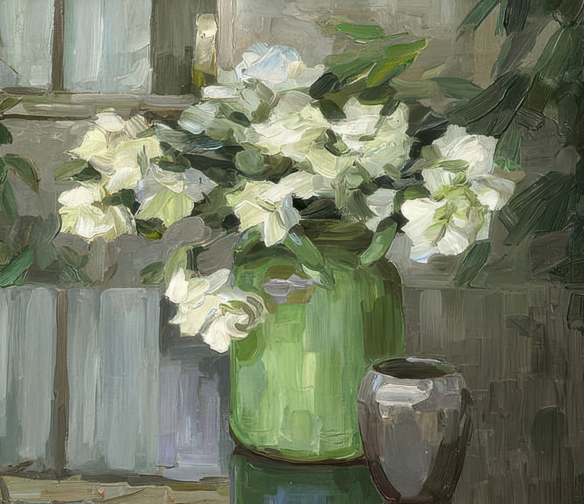 White Carnations in a Green Vase