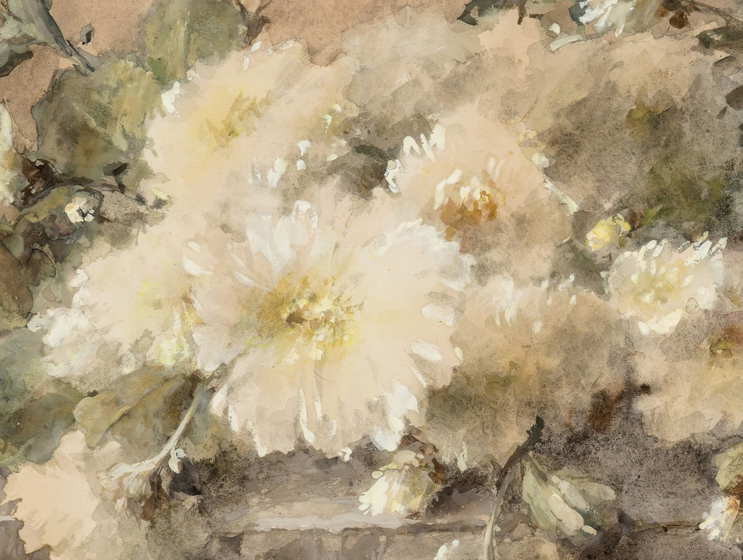 A Spray of White Chrysanthemums on a Stone Ledge