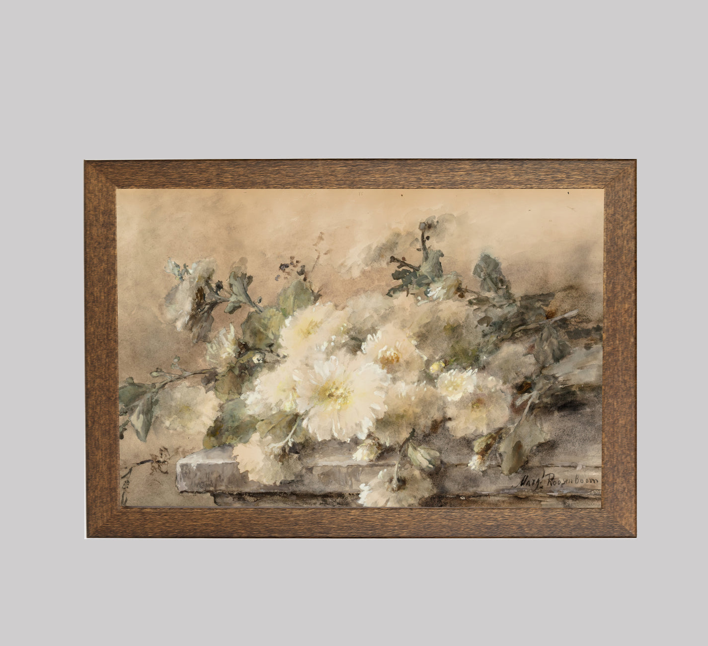 A Spray of White Chrysanthemums on a Stone Ledge
