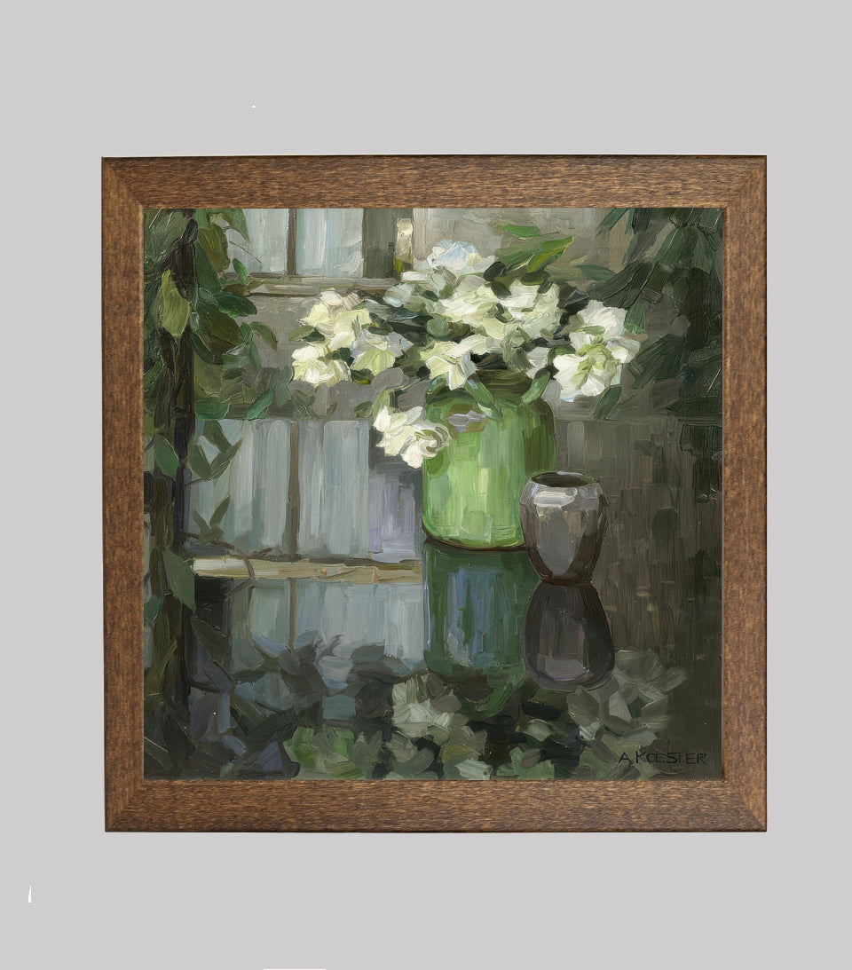 White Carnations in a Green Vase