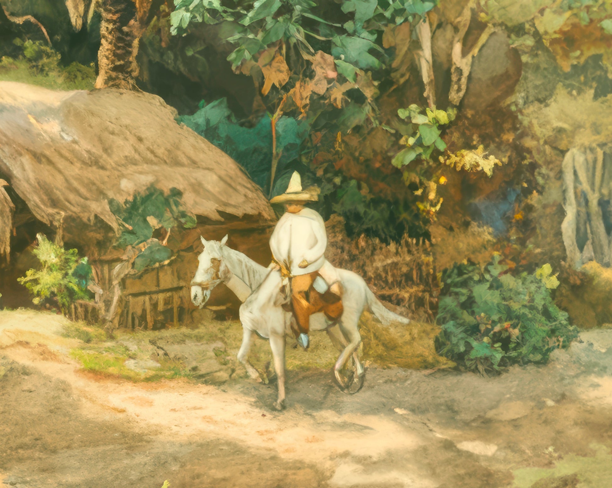 Riders in Front of Huts in the Mexican Forest