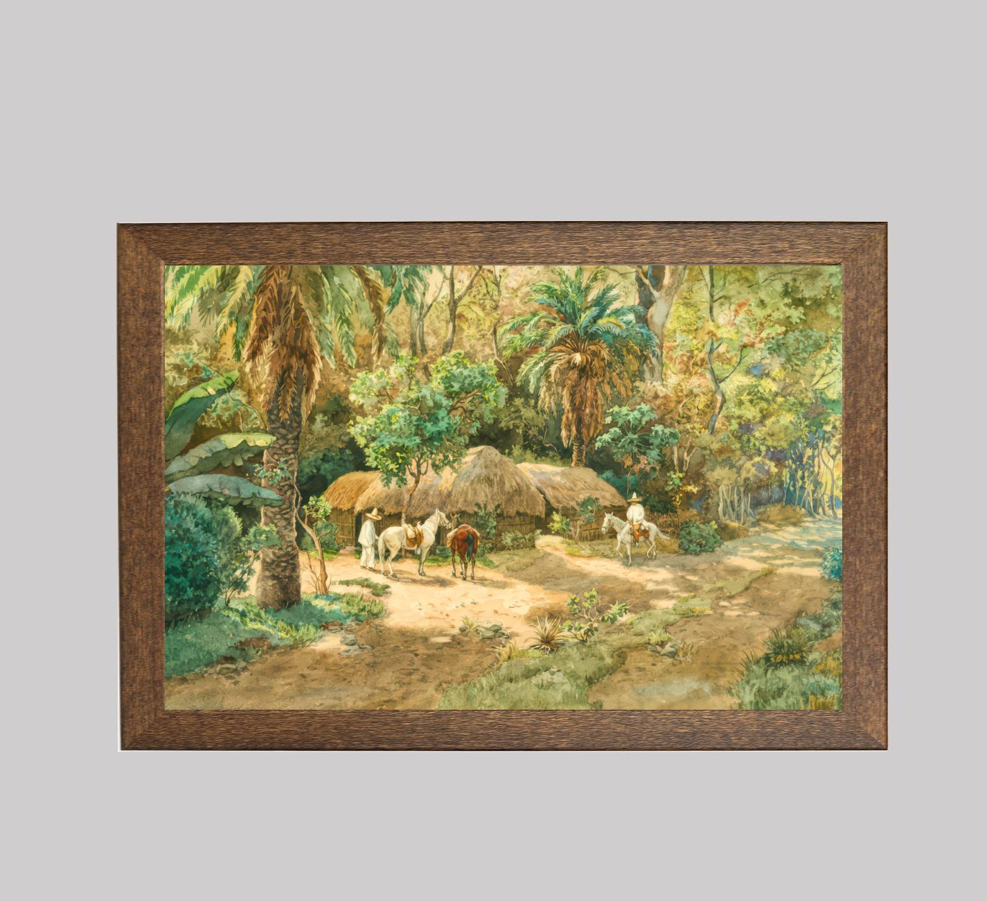 Riders in Front of Huts in the Mexican Forest