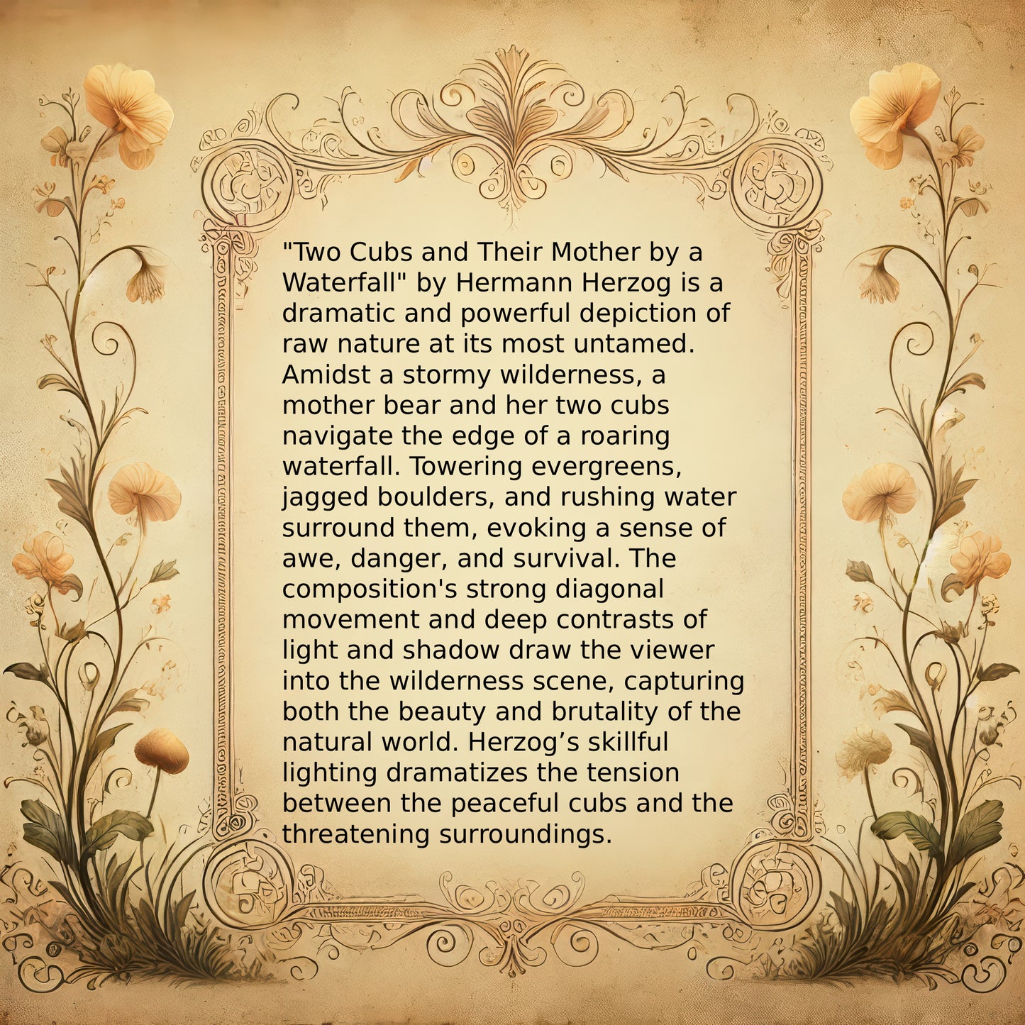 Two Cubs and Their Mother by a Waterfall