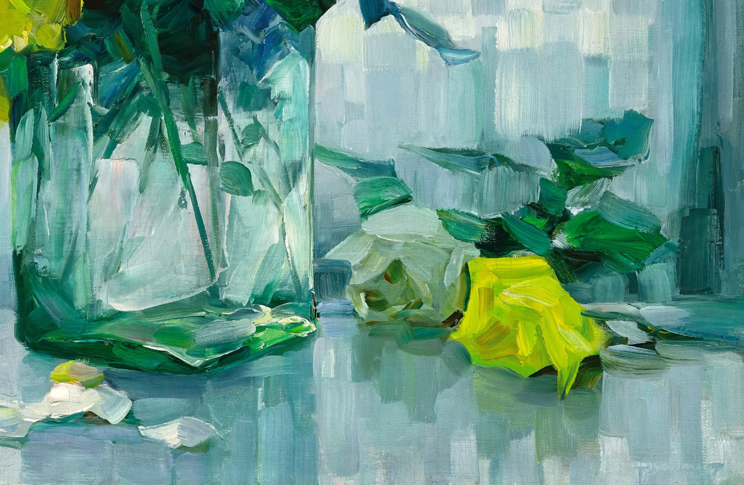 Still Life with White and Yellow Roses in a Glass Vase