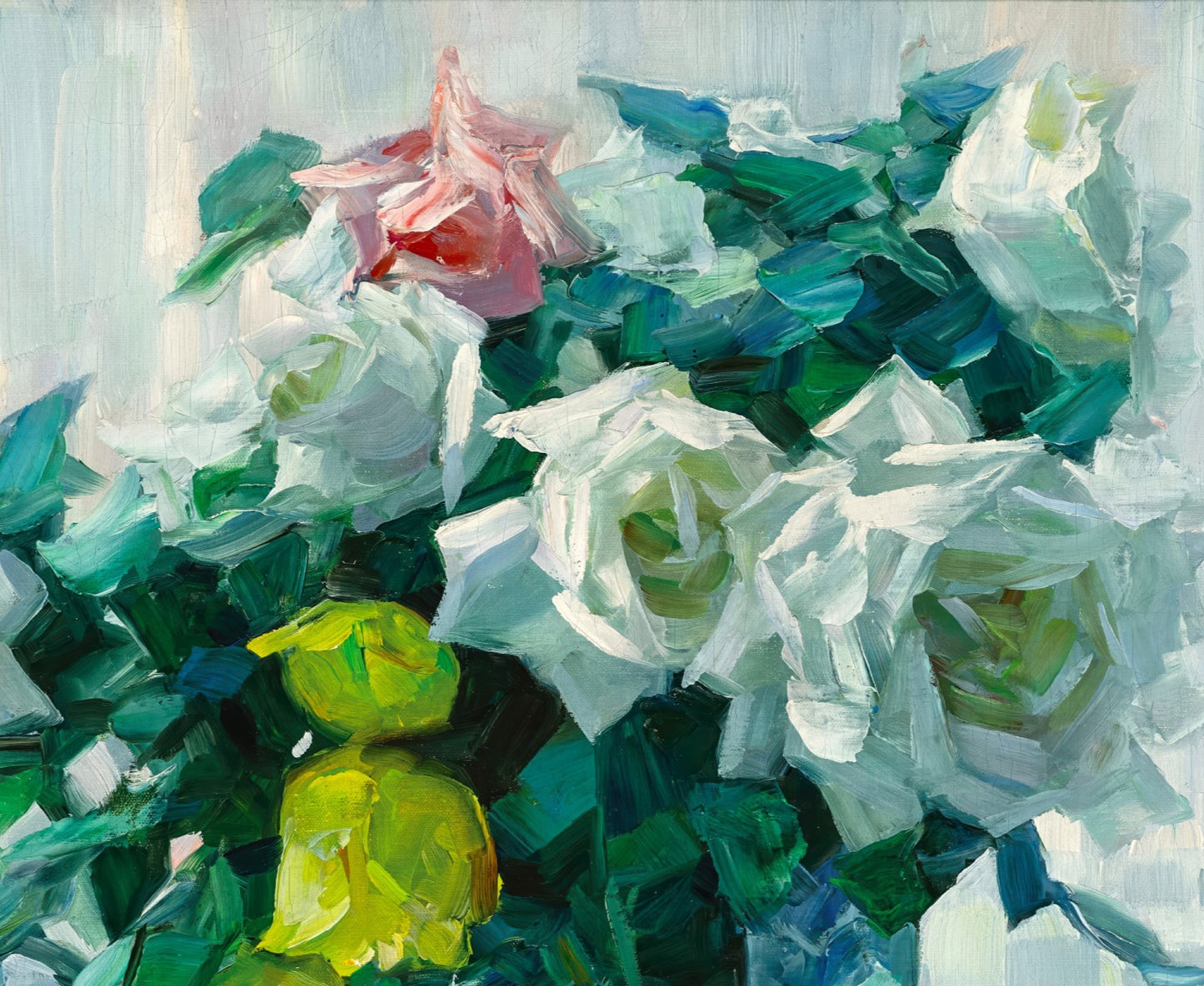 Still Life with White and Yellow Roses in a Glass Vase