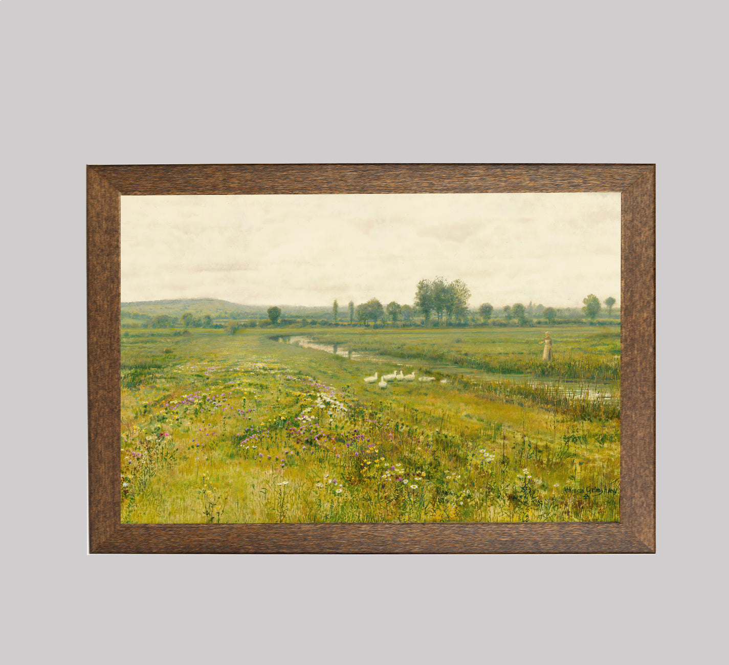 Meadow Landscape with Geese by a Stream