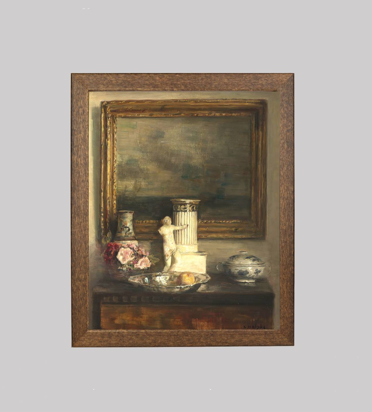 Interior with Various Decorative Objects on a Chest of Drawers in Front of a Painting