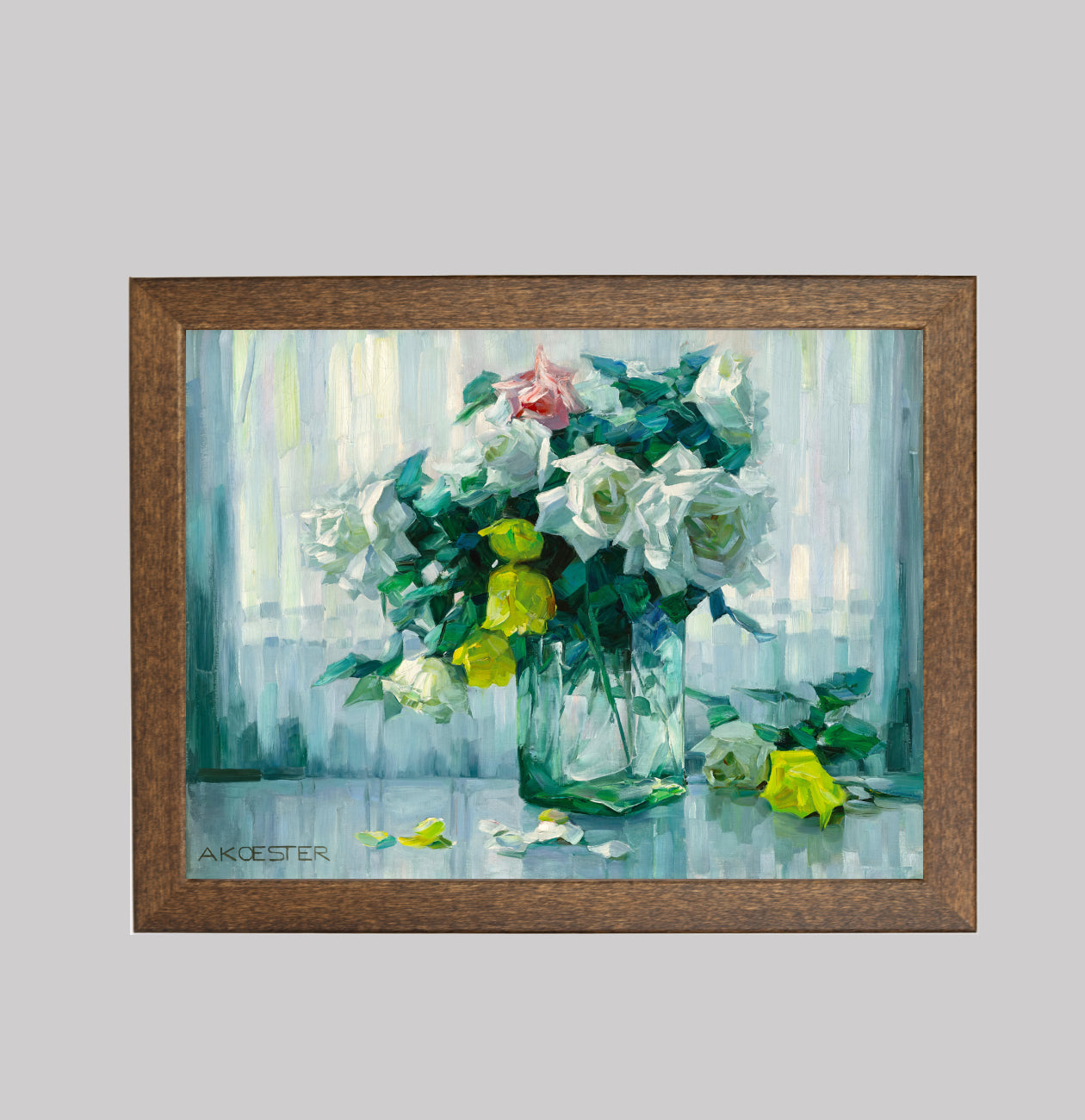 Still Life with White and Yellow Roses in a Glass Vase
