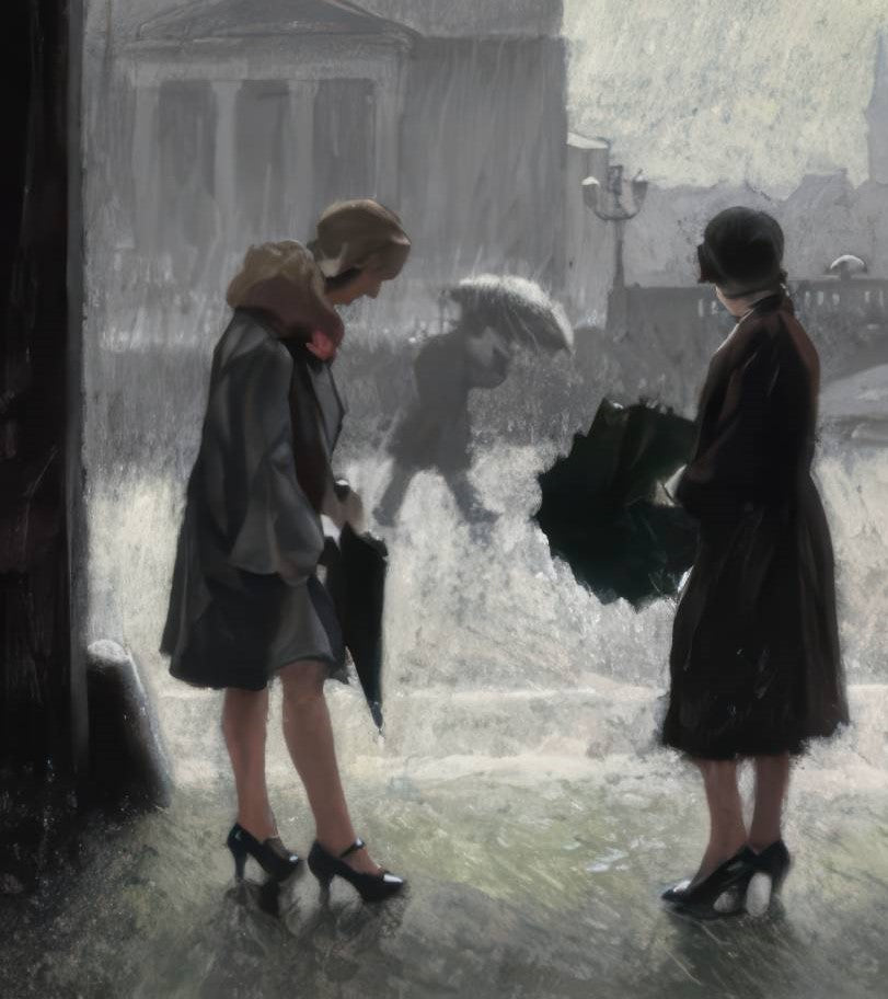 View from Ved Stranden in Copenhagen with Two Women Sheltering from the Rain